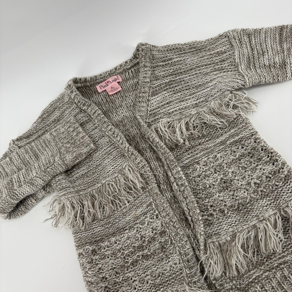 Pink Angel Girls M 10/12 Open Front Knit Fringe Cardigan Sweater Beige 
Boho‎